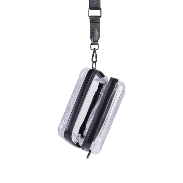 Clear pouch with black interior and strap on a white background