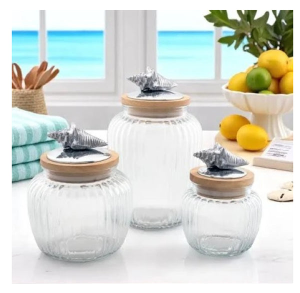Arthur Court Canister Glass for Kitchen with Rubber Airtight Seal for Food Storage Ocean Shell Knob