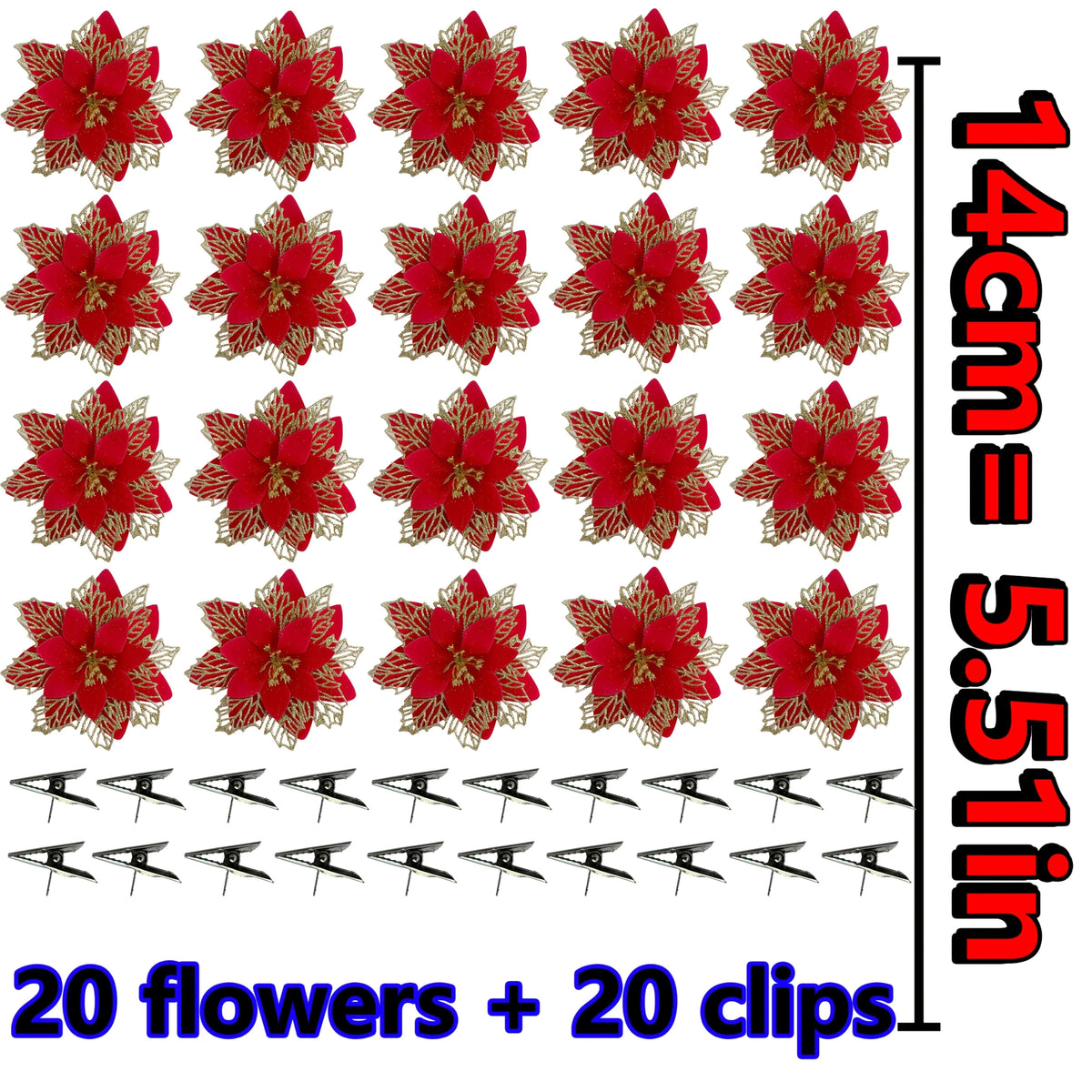 Artificial Christmas Flowers, 14cm Red with Golden Edges and Clips
