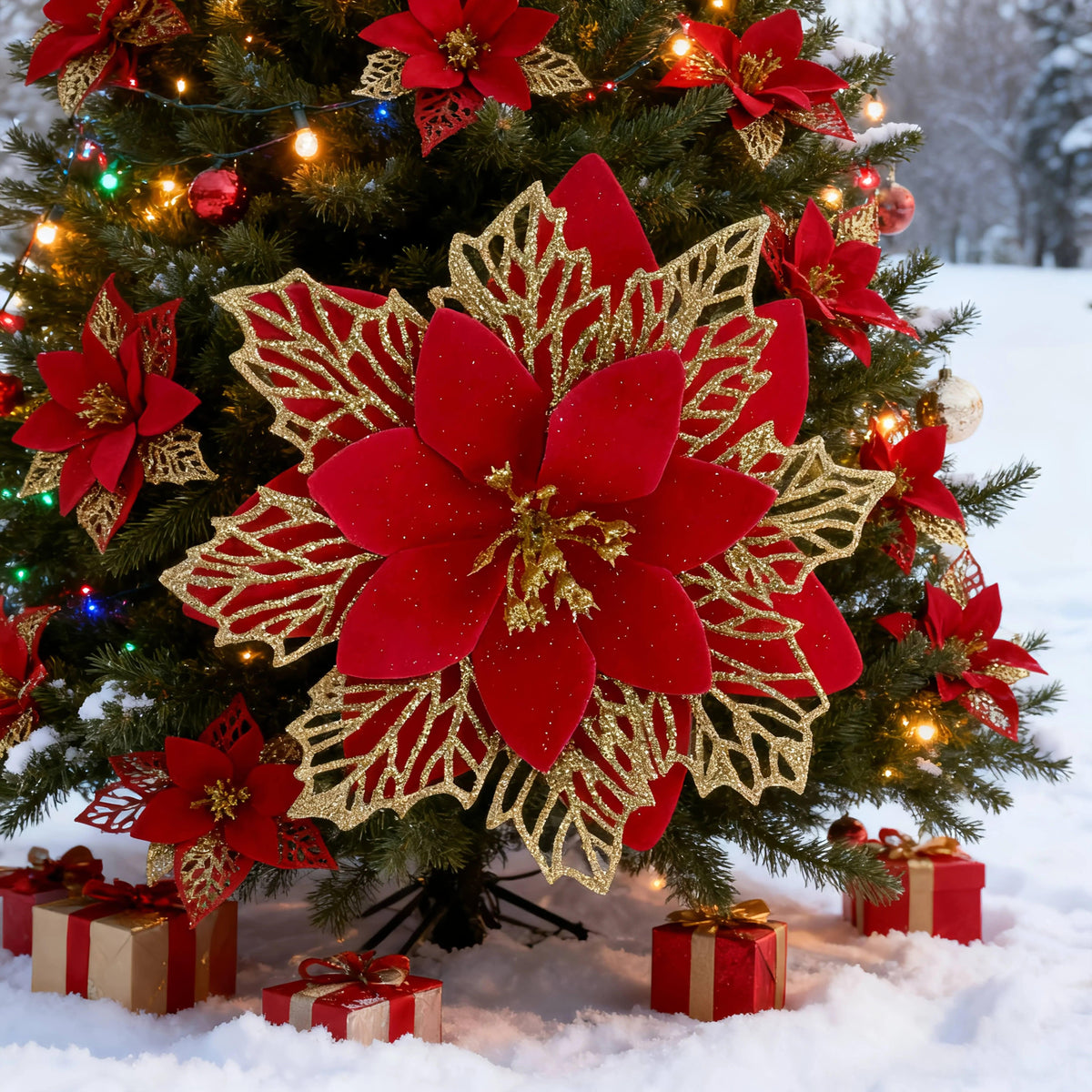 Artificial Christmas Flowers, 14cm Red with Golden Edges and Clips