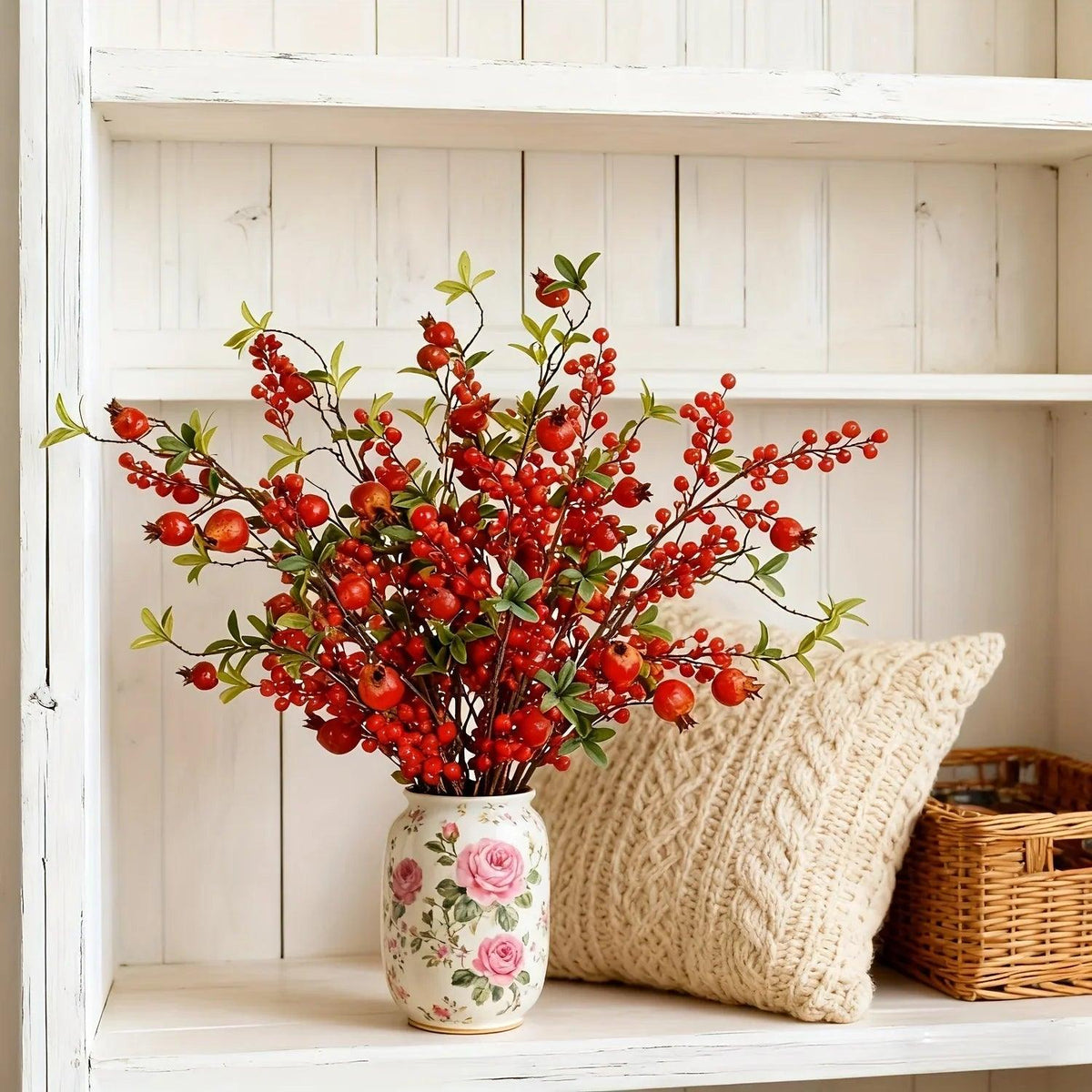 Artificial Floral Pomegranate Decoration with Red Winterberry Berries and Dark Stems