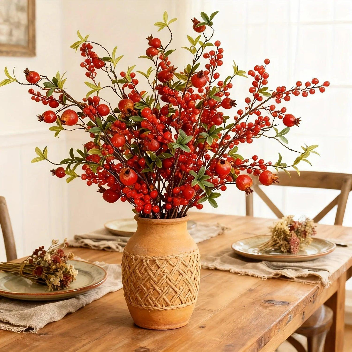 Artificial Floral Pomegranate Decoration with Red Winterberry Berries and Dark Stems