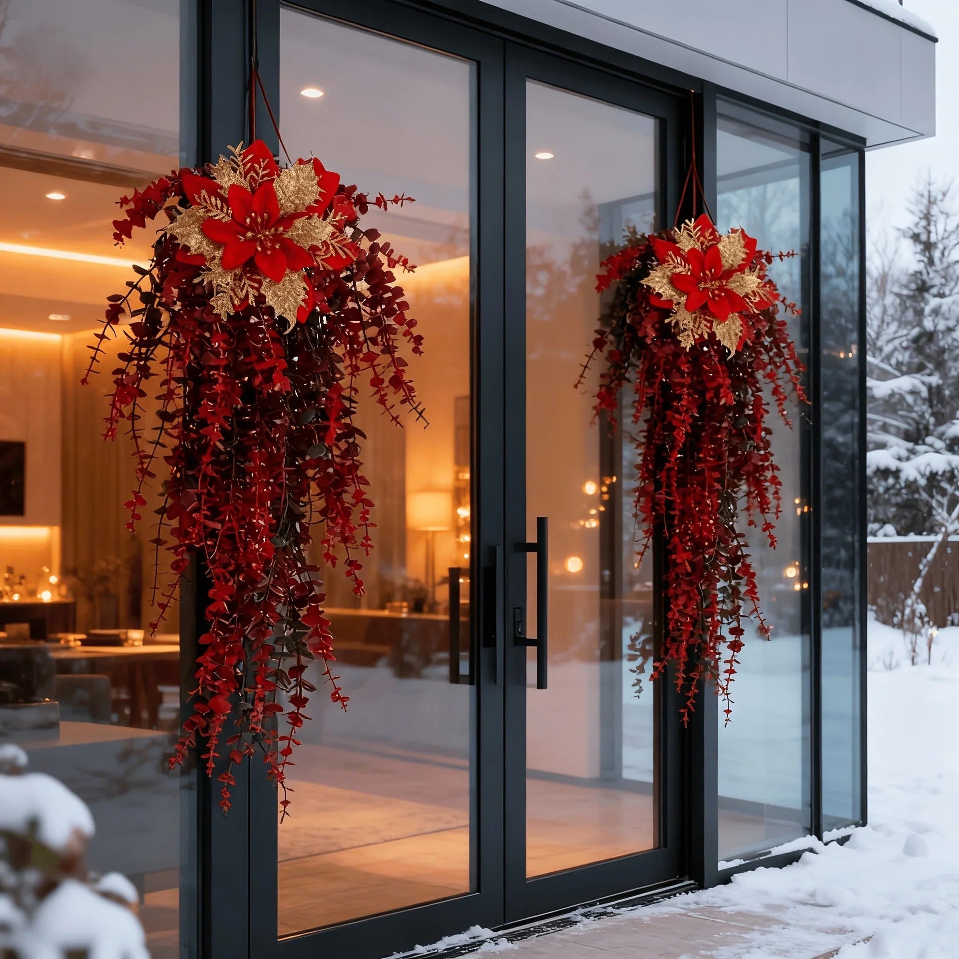 Artificial Flower Garland, Red and Golden-Pink Eucalyptus Poinsettia, 81cm Maintenance-Free