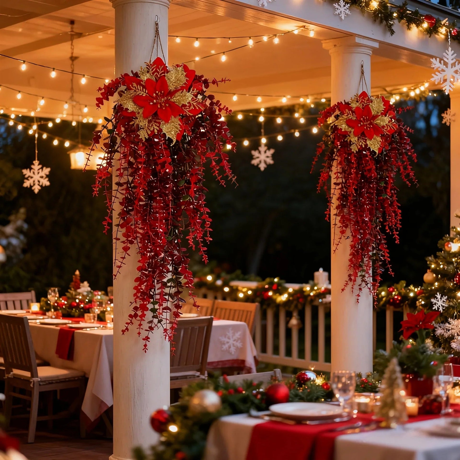 Artificial Flower Garland, Red and Golden-Pink Eucalyptus Poinsettia, 81cm Maintenance-Free