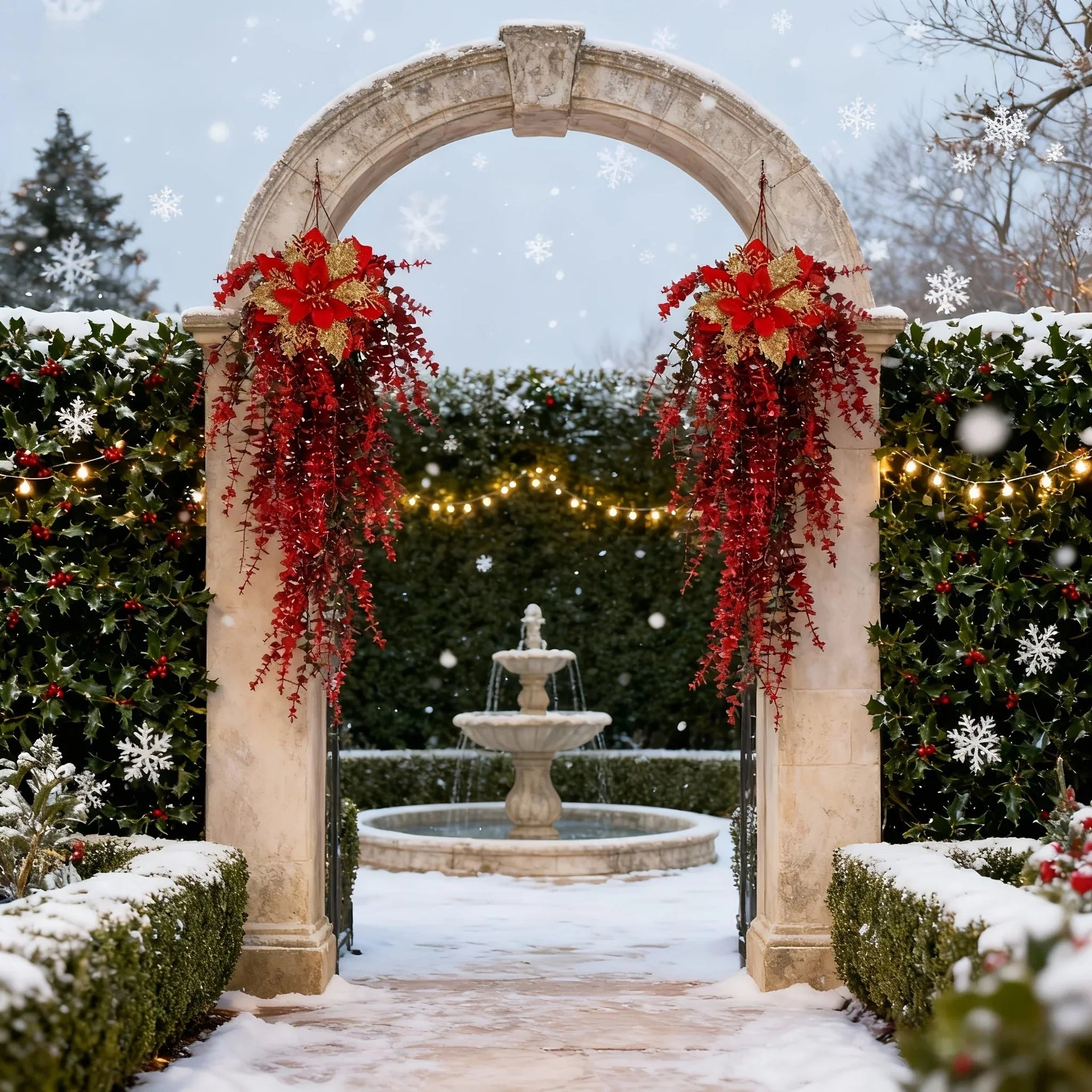 Artificial Flower Garland, Red and Golden-Pink Eucalyptus Poinsettia, 81cm Maintenance-Free