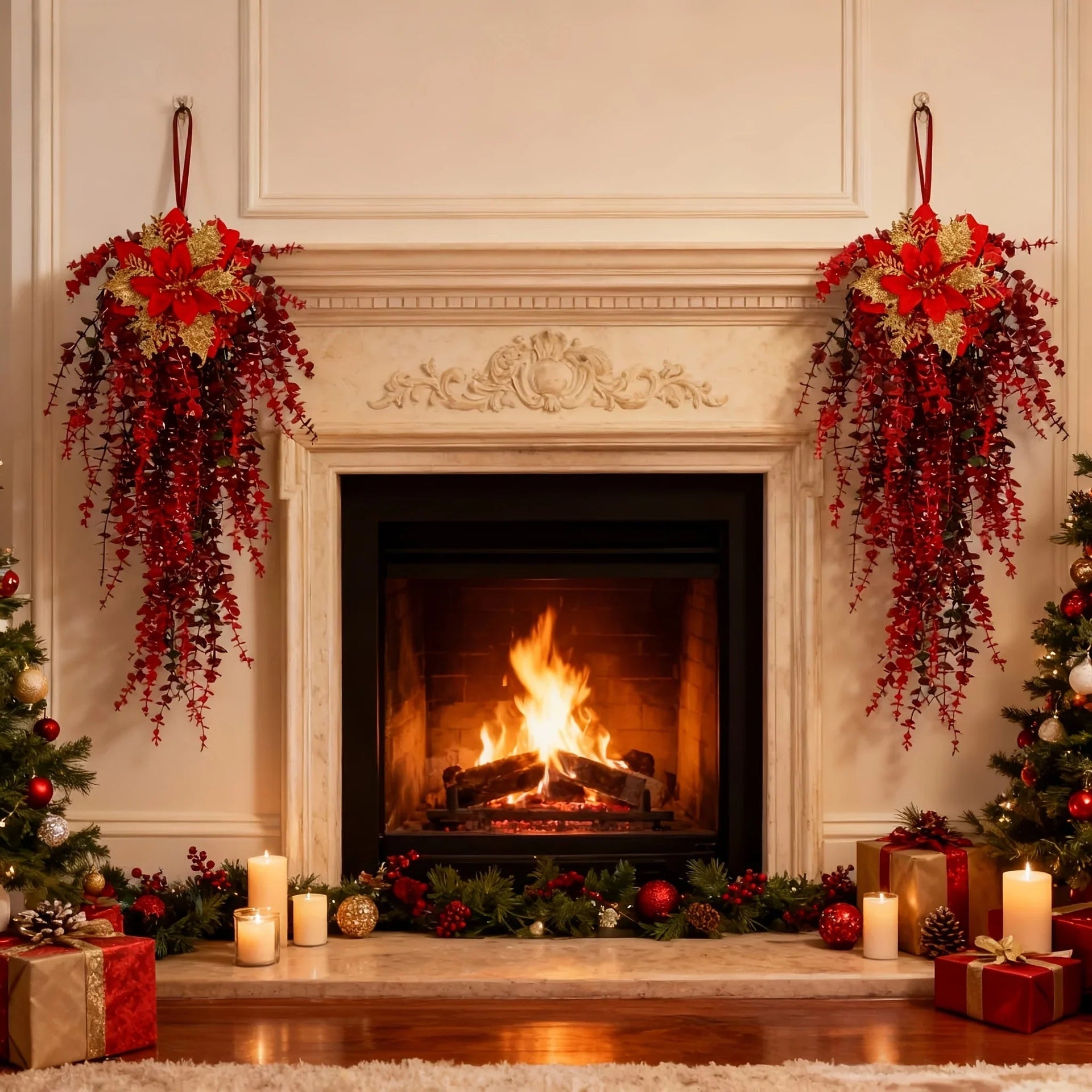 Artificial Flower Garland, Red and Golden-Pink Eucalyptus Poinsettia, 81cm Maintenance-Free
