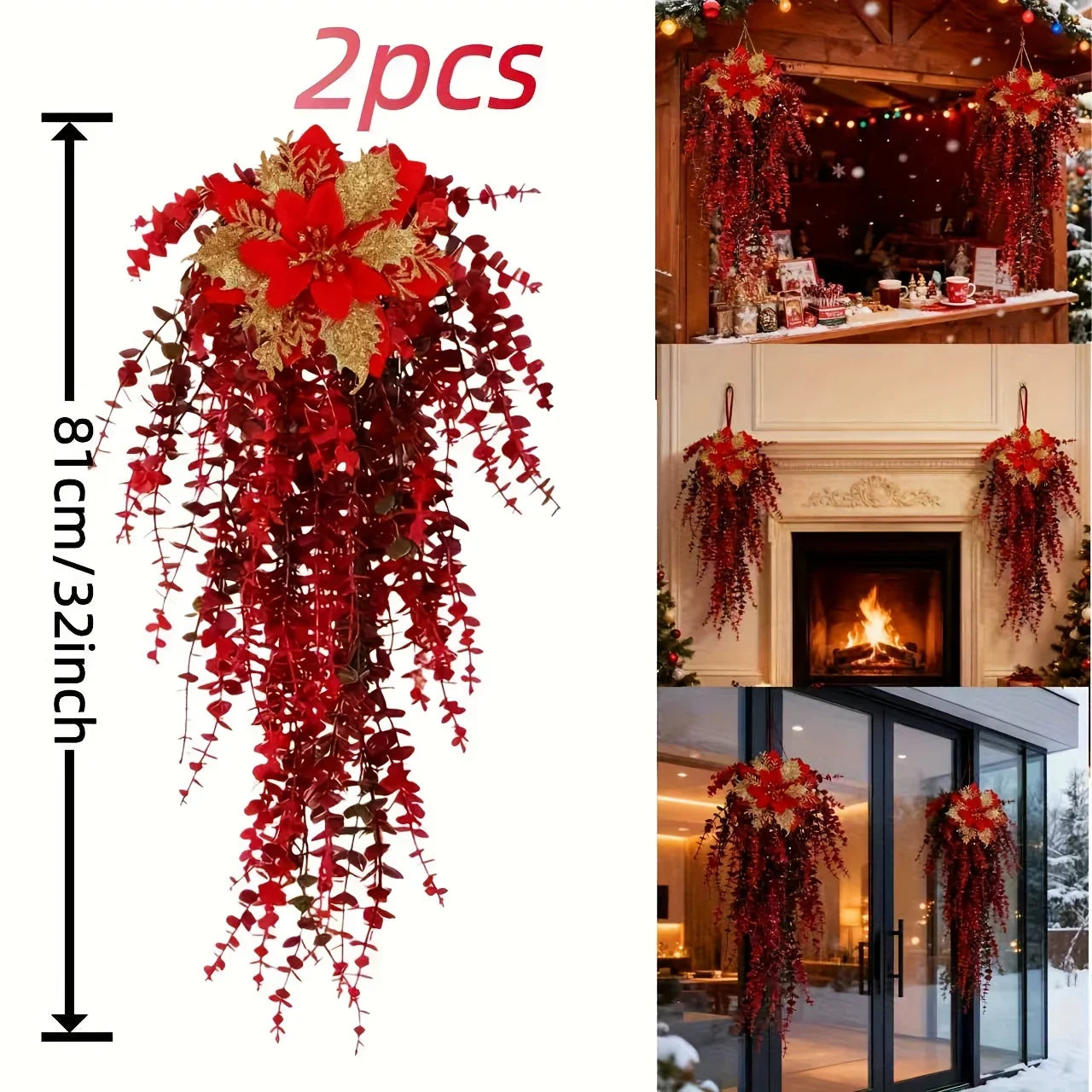 Artificial Flower Garland, Red and Golden-Pink Eucalyptus Poinsettia, 81cm Maintenance-Free