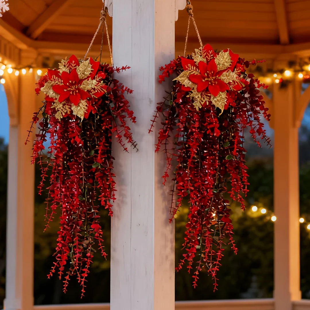 Artificial Flower Garland, Red and Golden-Pink Eucalyptus Poinsettia, 81cm Maintenance-Free