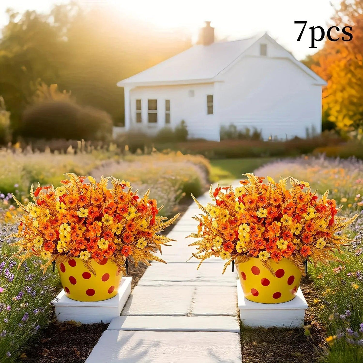 Artificial Flowers, Mixed Orange & Yellow Daisy, 7pcs Autumn Decoration