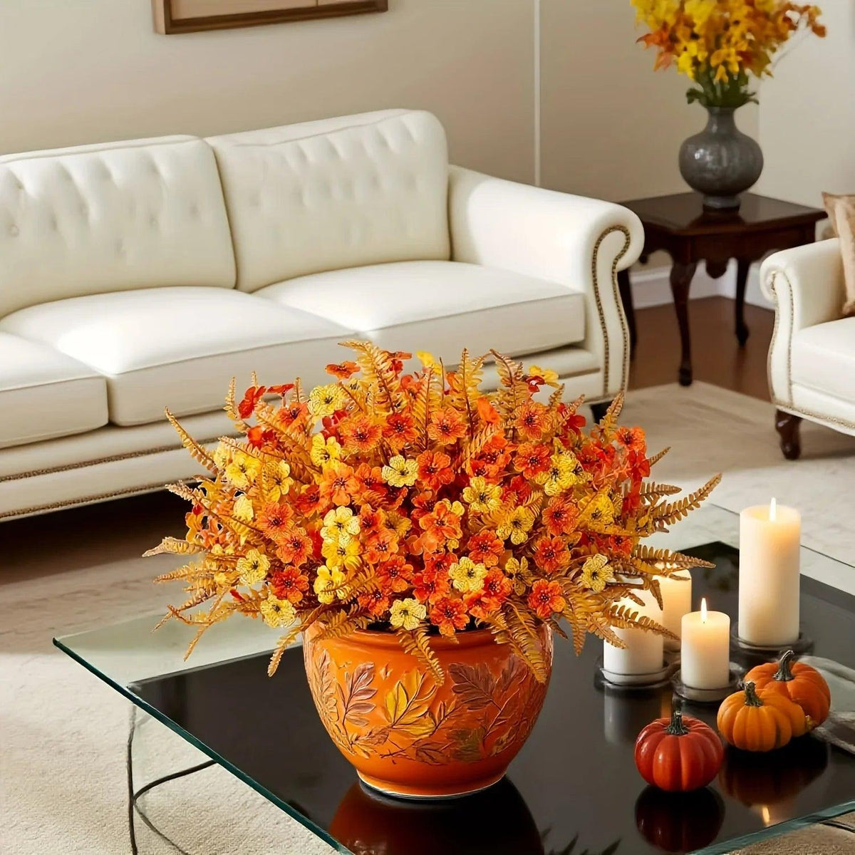 Artificial Flowers, Mixed Orange & Yellow Daisy, 7pcs Autumn Decoration