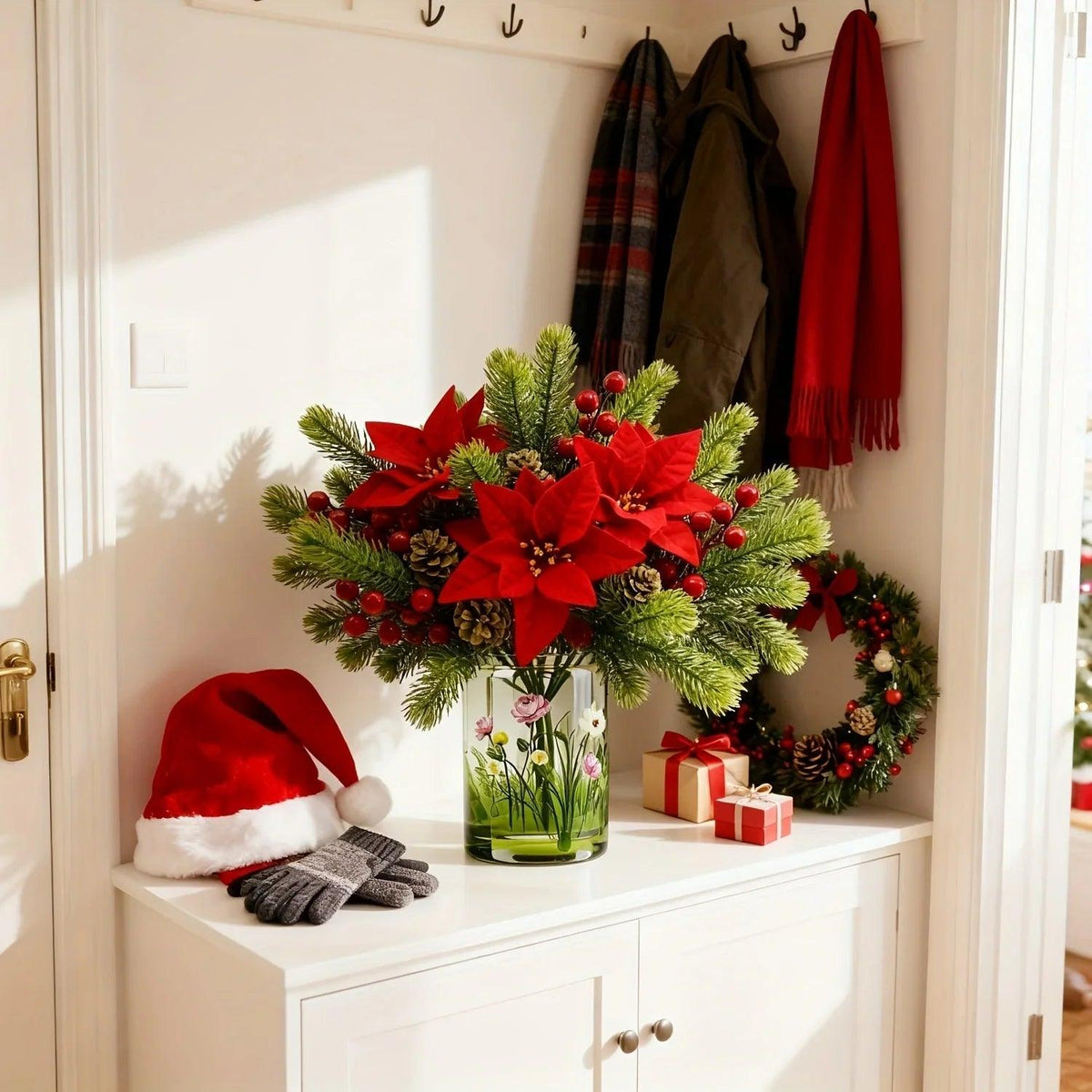 Artificial Flowers, Poinsettia Set of 5 Branches with Pine