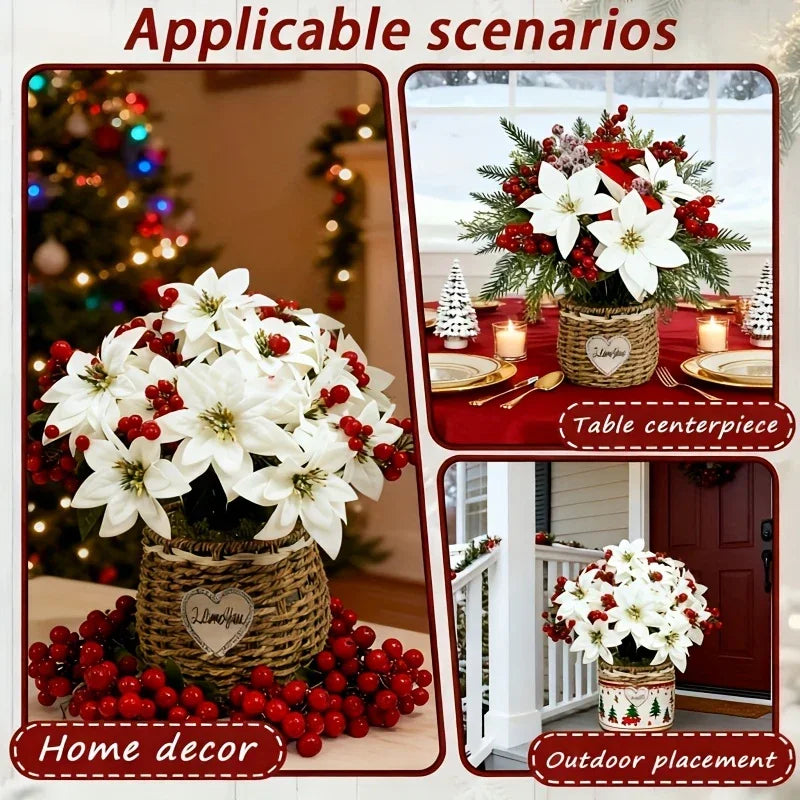 Artificial Flowers Poinsettia with 14 Stems, White and Red Berries