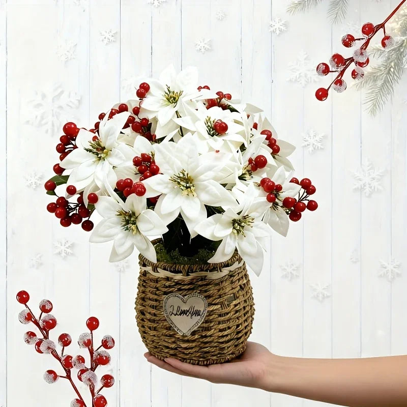 Artificial Flowers Poinsettia with 14 Stems, White and Red Berries