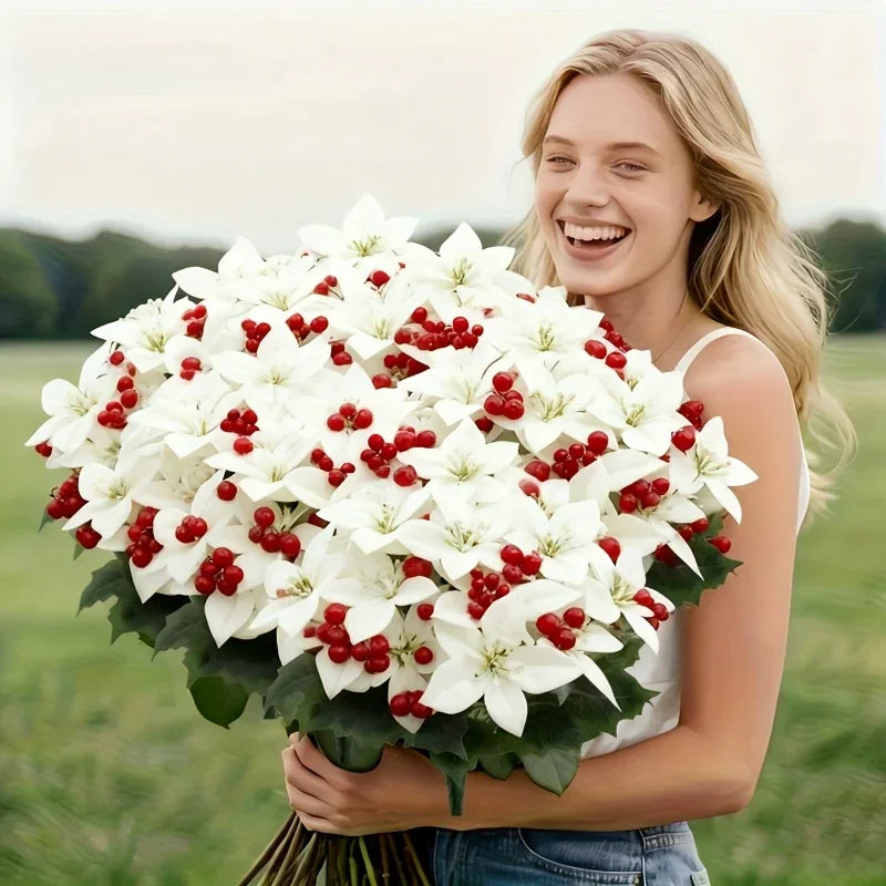 Artificial Flowers Poinsettia with 14 Stems, White and Red Berries