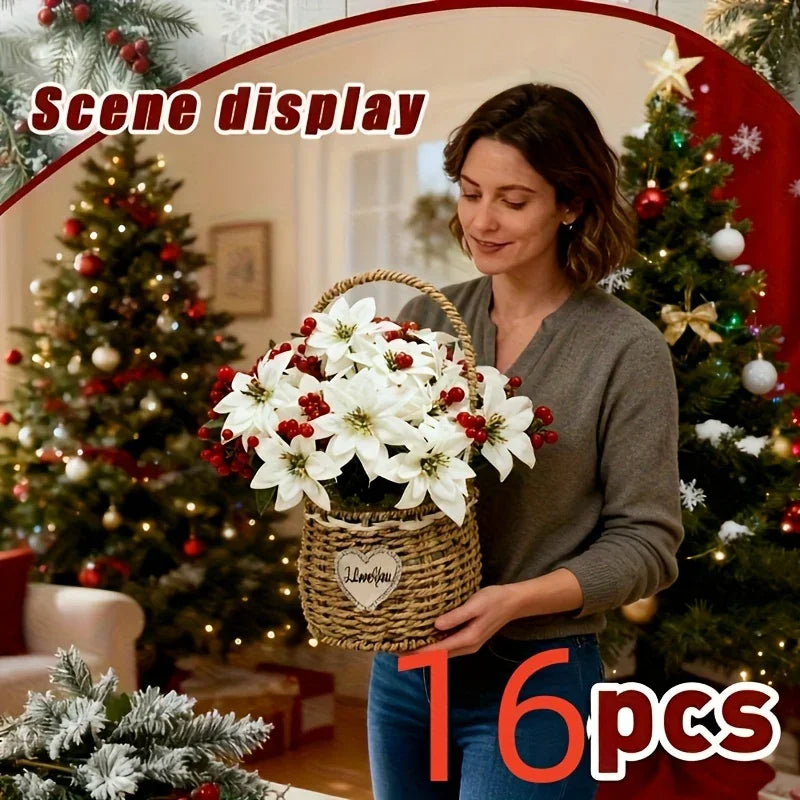 Artificial Flowers Poinsettia with 14 Stems, White and Red Berries