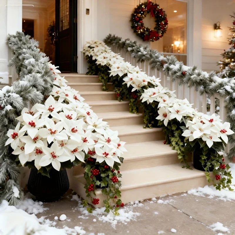Artificial Flowers Poinsettia with 14 Stems, White and Red Berries