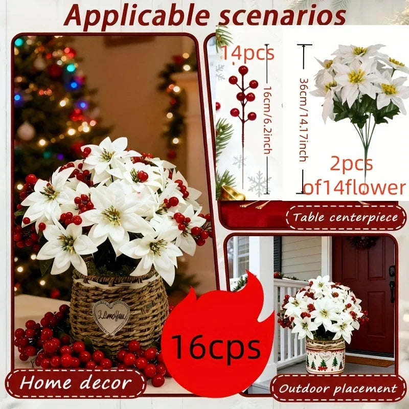 Artificial Flowers Poinsettia with 14 Stems, White and Red Berries