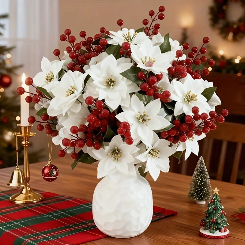 Artificial Flowers Poinsettia with 14 Stems, White and Red Berries