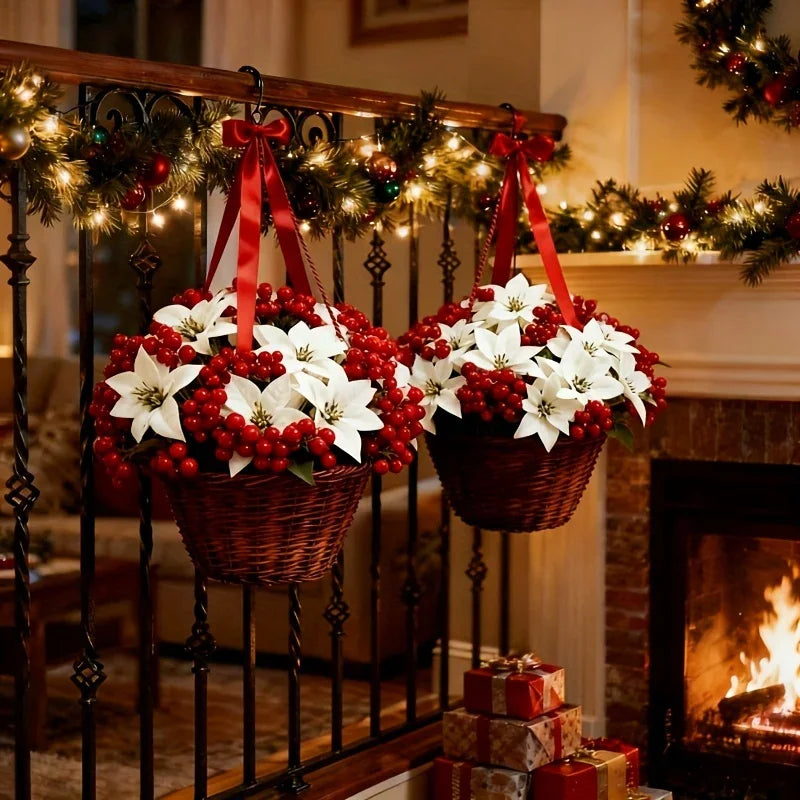 Artificial Flowers Poinsettia with 14 Stems, White and Red Berries