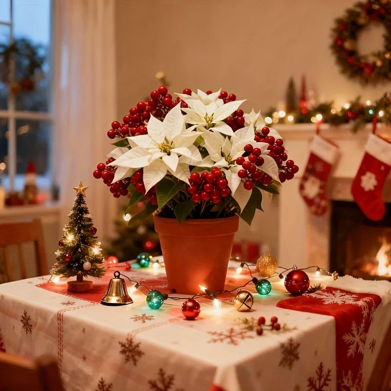 Artificial Flowers Poinsettia with 14 Stems, White and Red Berries