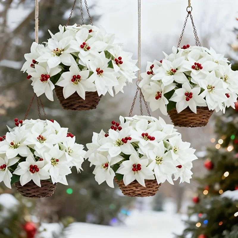 Artificial Flowers Poinsettia with 14 Stems, White and Red Berries