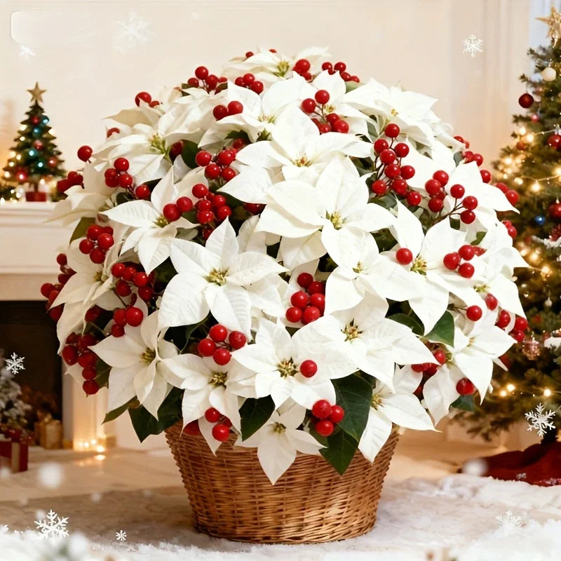 Artificial Flowers Poinsettia with 14 Stems, White and Red Berries
