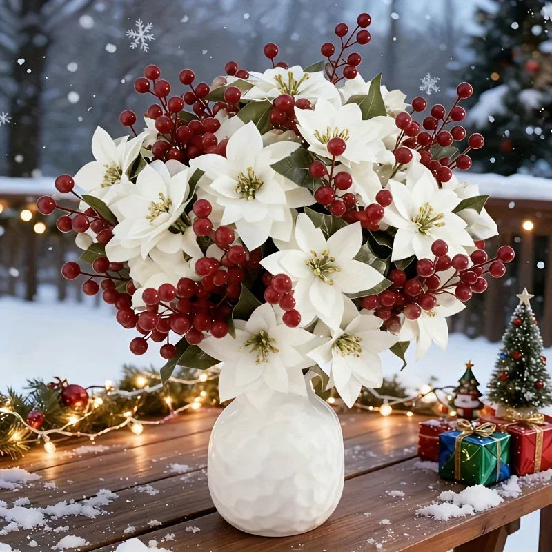 Artificial Flowers Poinsettia with 14 Stems, White and Red Berries