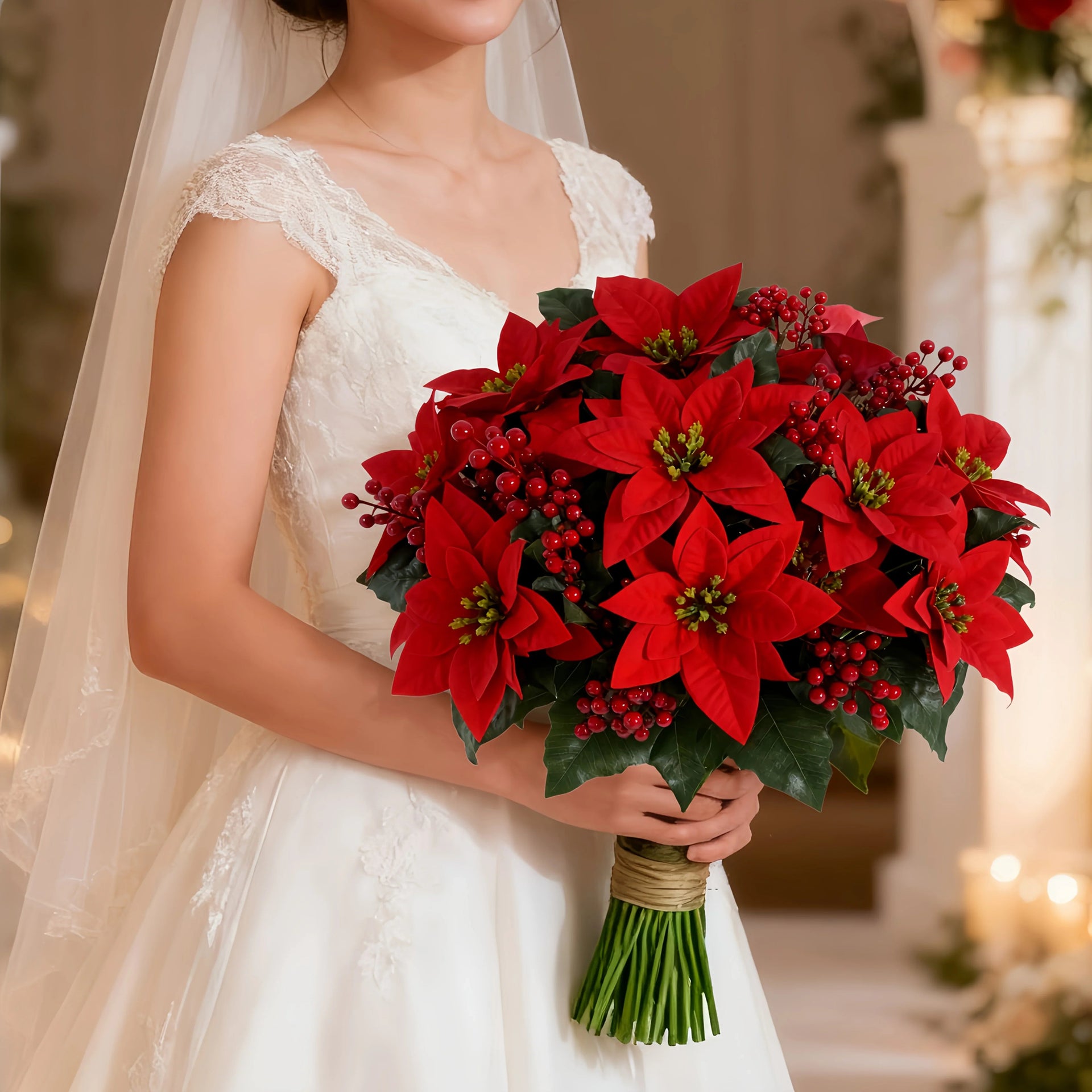 Artificial Poinsettia Flower Bundle - Red 12pc Christmas Wreath with Foliage