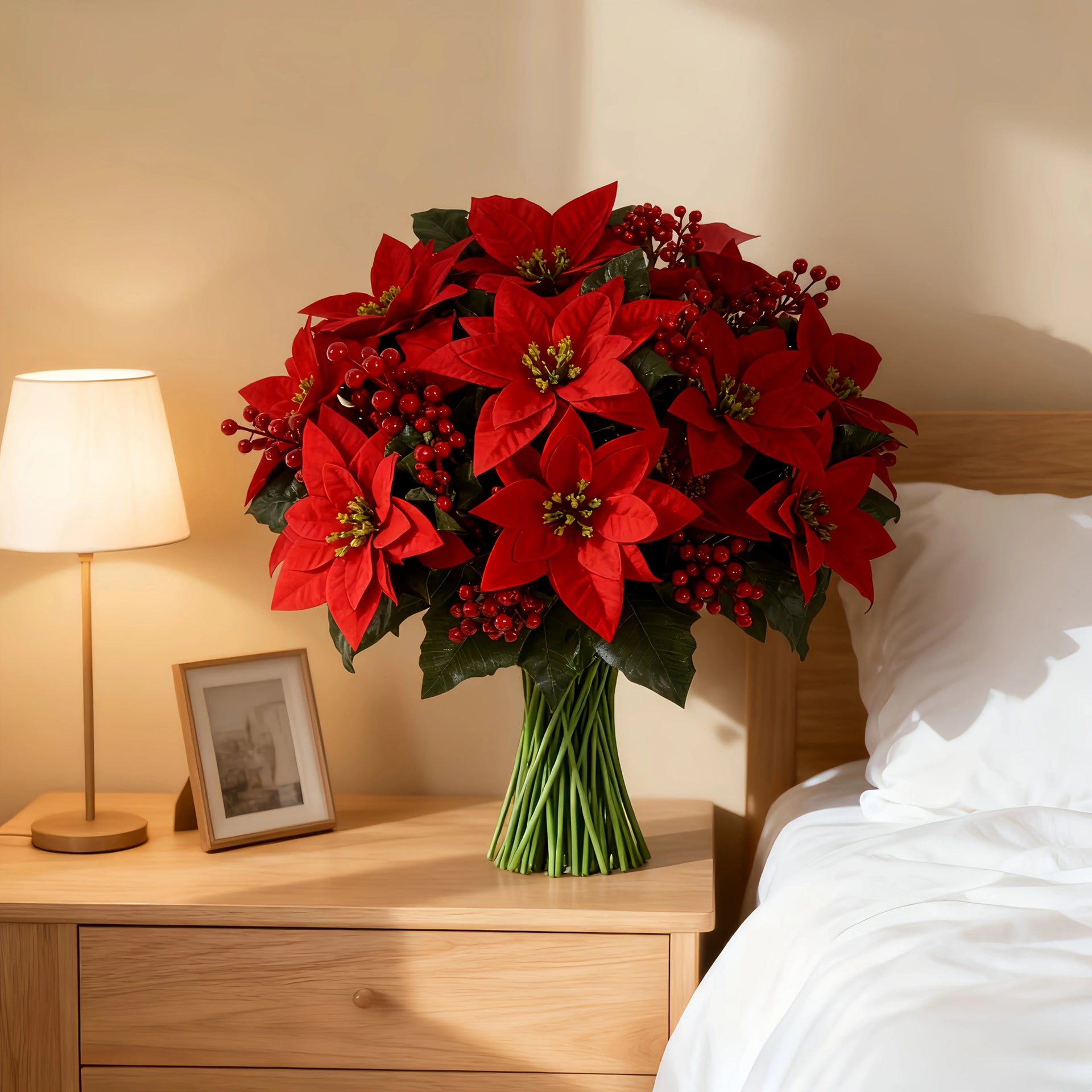 Artificial Poinsettia Flower Bundle - Red 12pc Christmas Wreath with Foliage