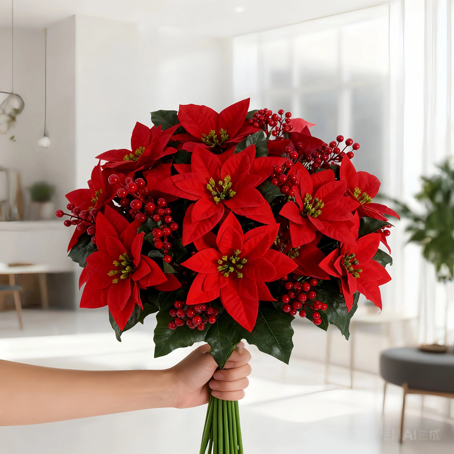 Artificial Poinsettia Flower Bundle - Red 12pc Christmas Wreath with Foliage