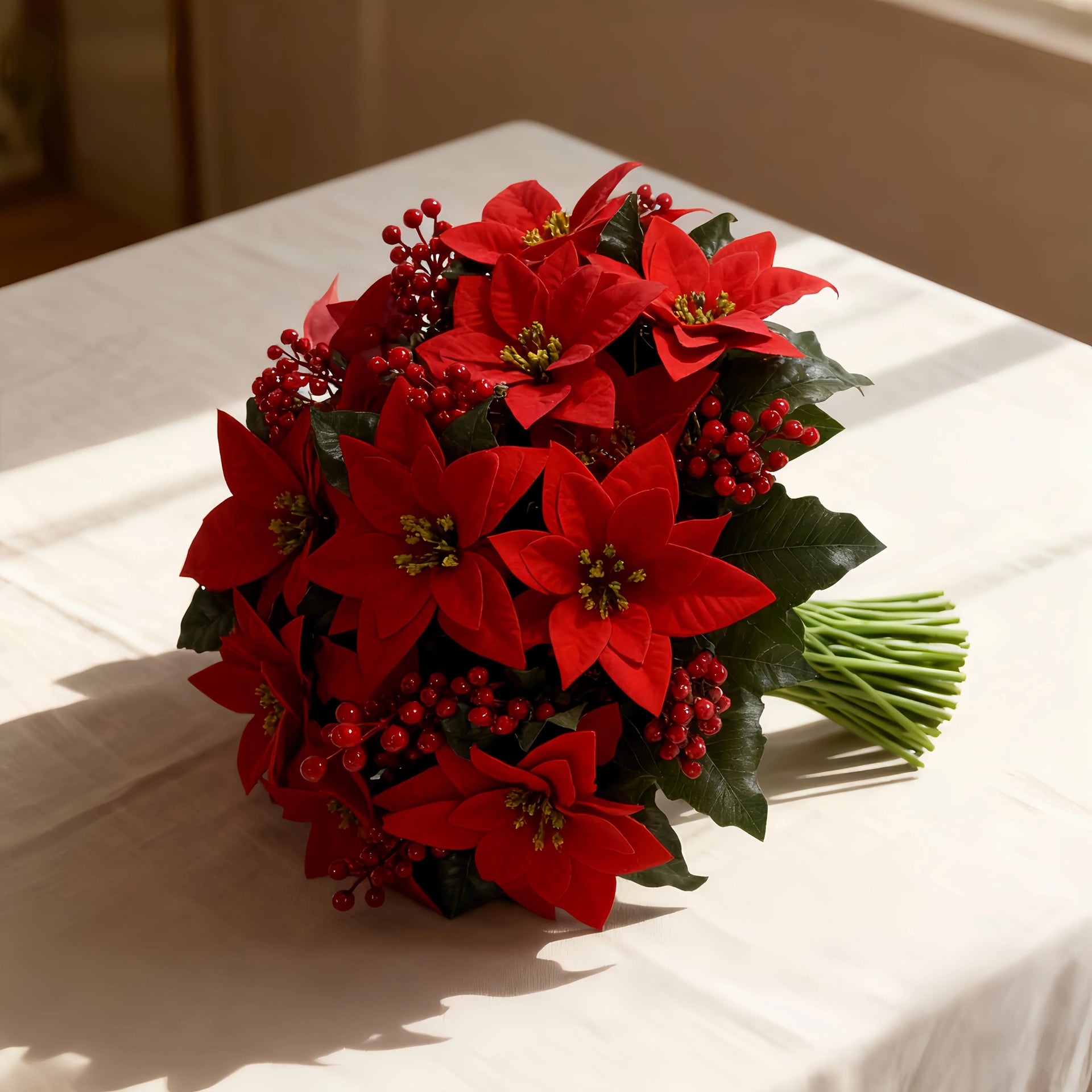 Artificial Poinsettia Flower Bundle - Red 12pc Christmas Wreath with Foliage