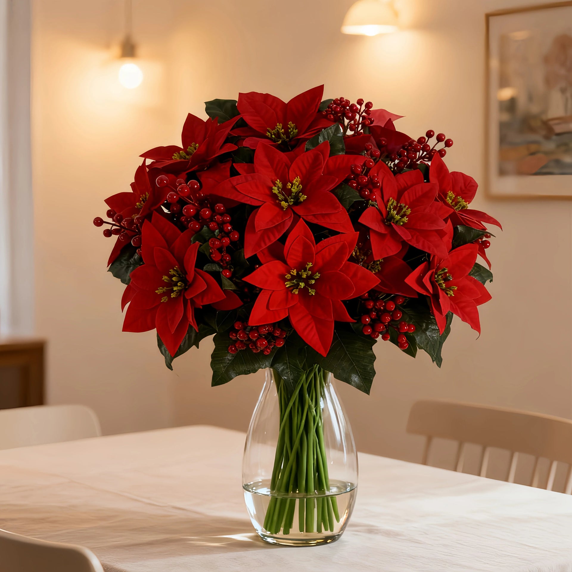 Artificial Poinsettia Flower Bundle - Red 12pc Christmas Wreath with Foliage