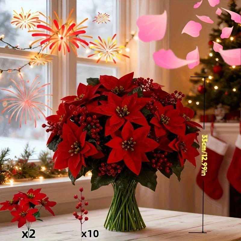 Artificial Poinsettia Flower Bundle - Red 12pc Christmas Wreath with Foliage