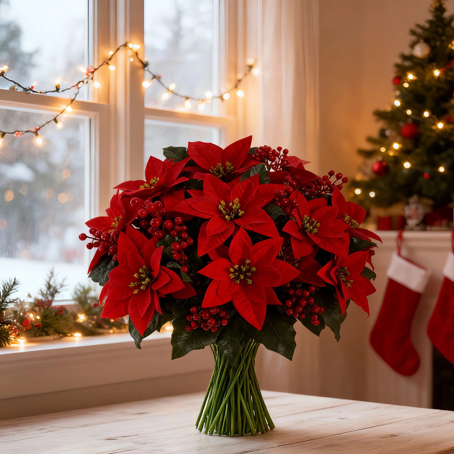 Artificial Poinsettia Flower Bundle - Red 12pc Christmas Wreath with Foliage