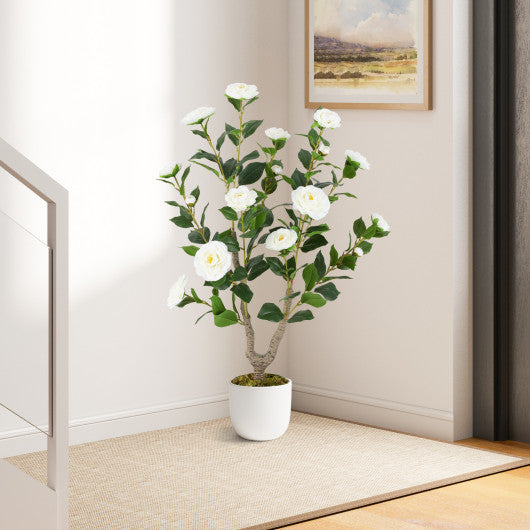 36 Inch Artificial Camellia Tree with Blooming Flower 1 Pack-White