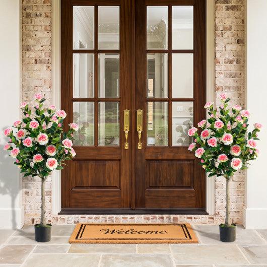 Artificial Camellia Tree with 27 Blossoms in Cement Pot for Home-Set of 1