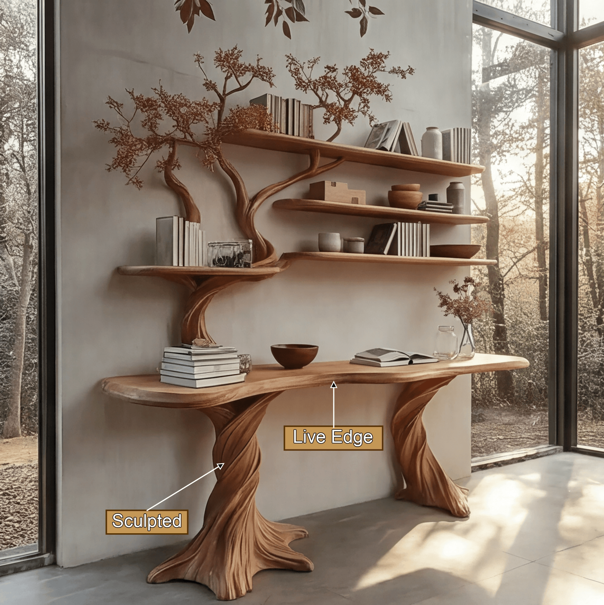 Arvion Live Edge Solid Wood Console Table with Shelves