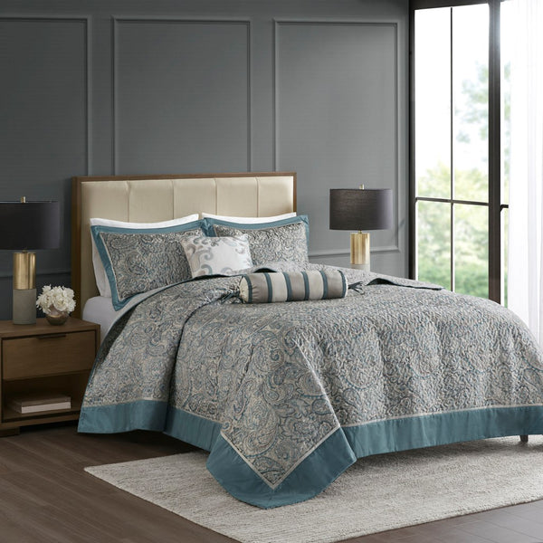 Aubrey 5 Piece Reversible Jacquard Bedspread Set in Teal