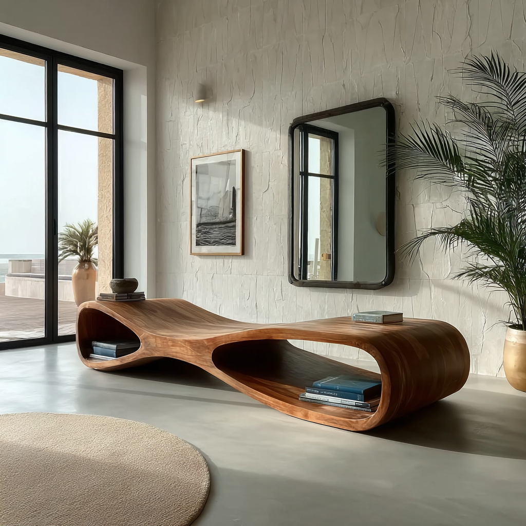 Aurea Flow-Form Sculptural Solid Wood Bench