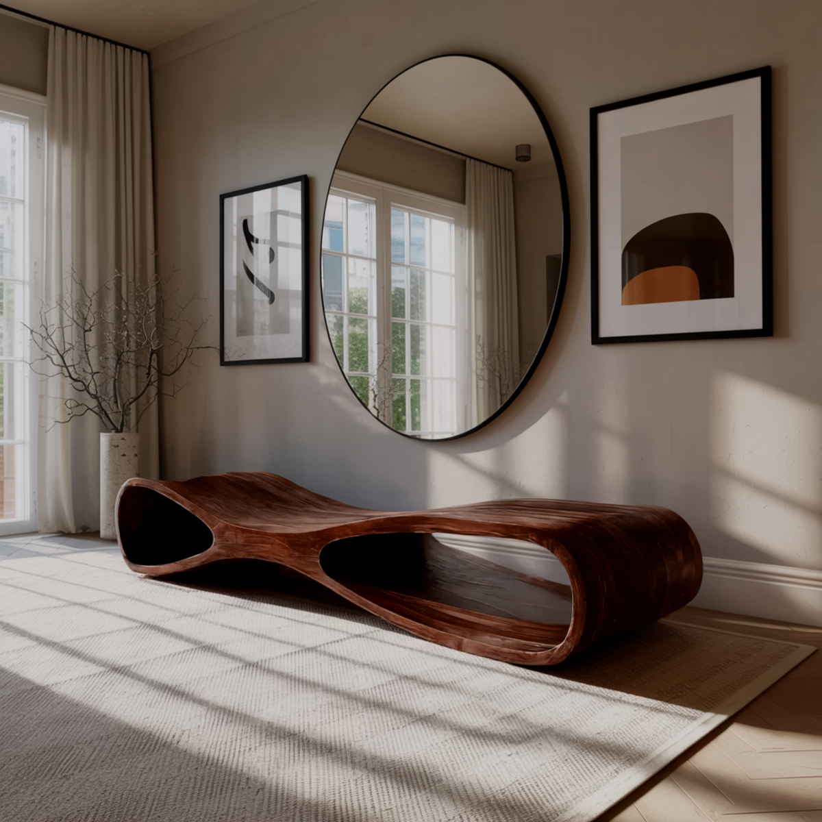 Aurea Flow-Form Sculptural Solid Wood Bench