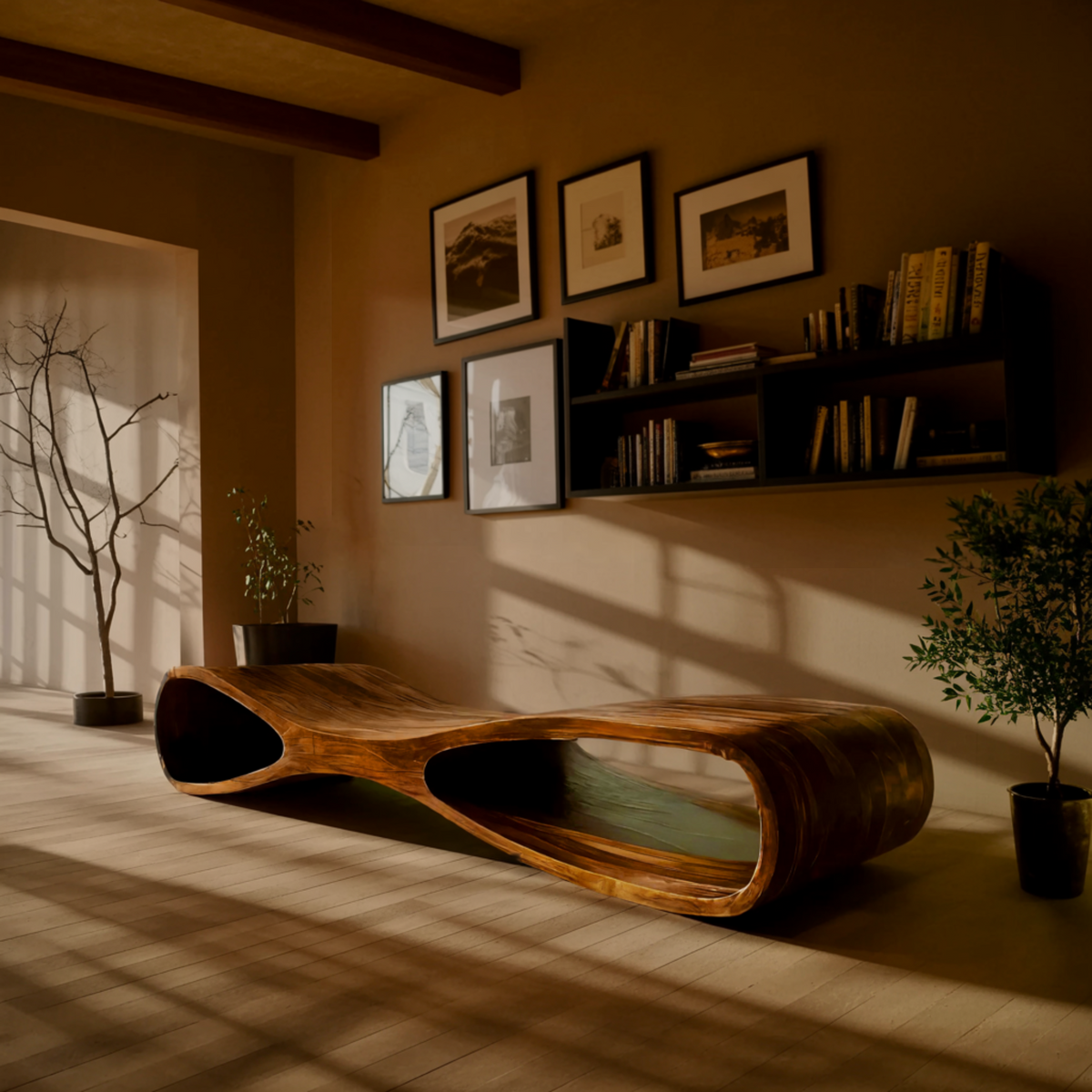 Aurea Flow-Form Sculptural Solid Wood Bench