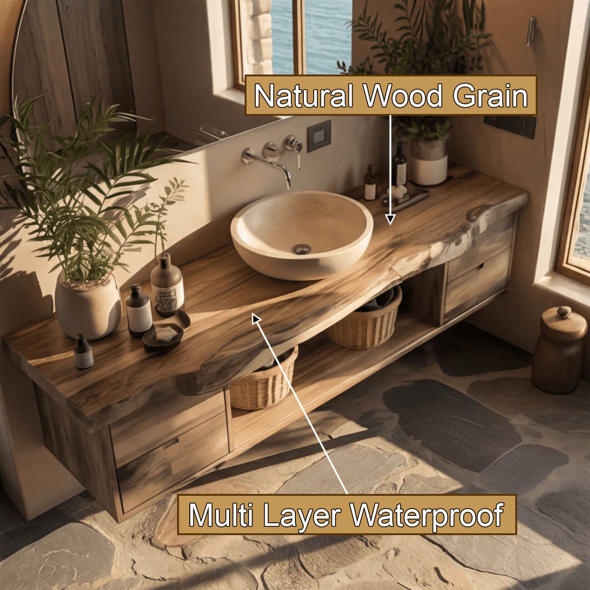 Aurea Flow Solid Wood Floating Bathroom Vanity with Drawers