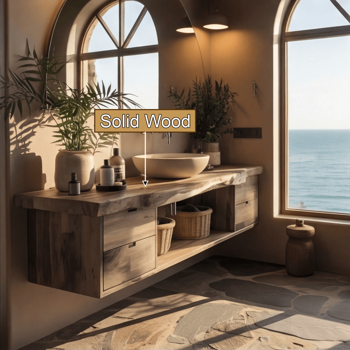 Aurea Flow Solid Wood Floating Bathroom Vanity with Drawers