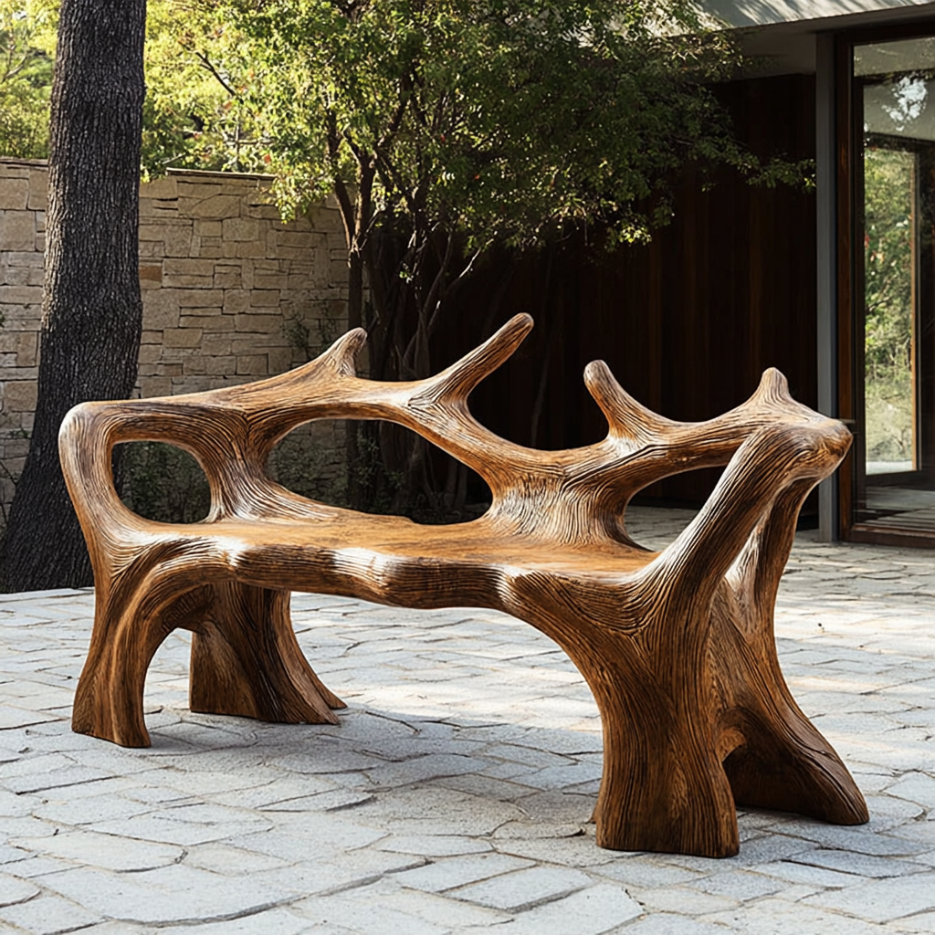 Aurelin Antler Solid Wood Sculptural Outdoor Bench
