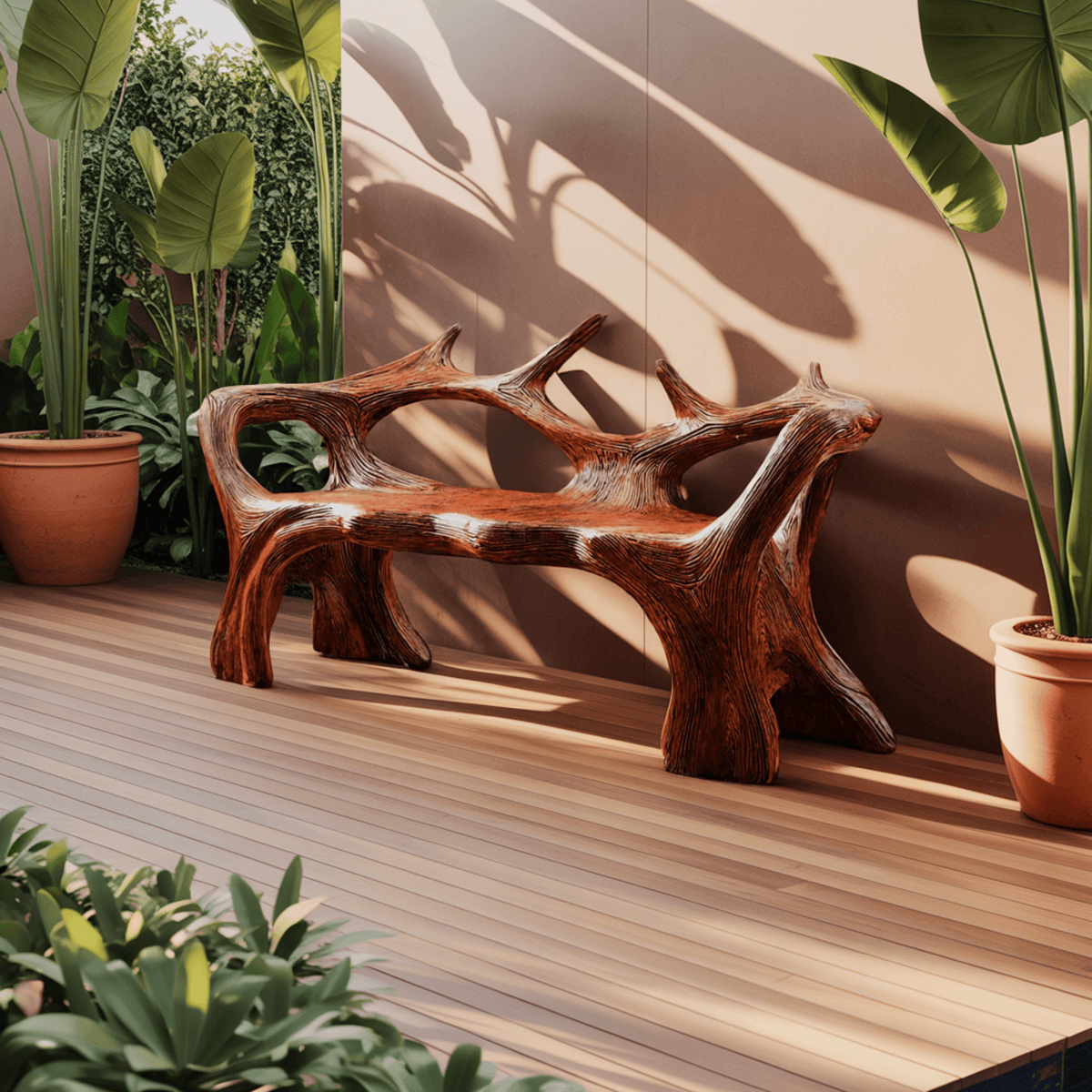 Aurelin Antler Solid Wood Sculptural Outdoor Bench
