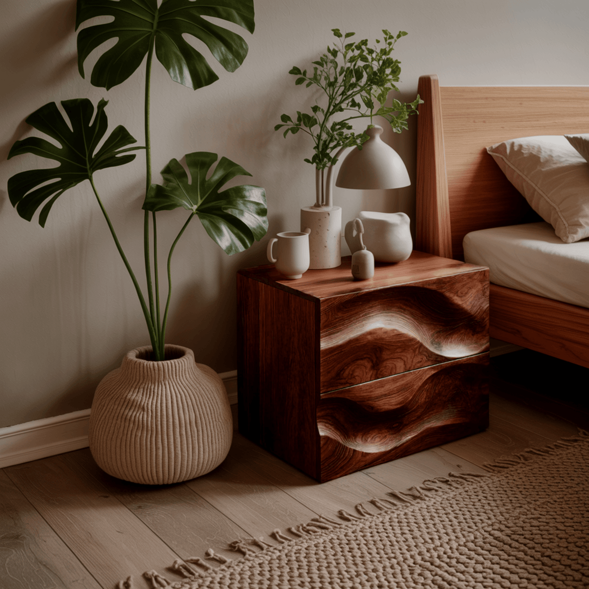 Aurelin Wave Handcrafted Wood Bedside Table