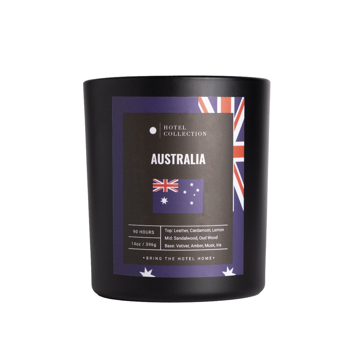 Black candle with Australia-themed label on a white background