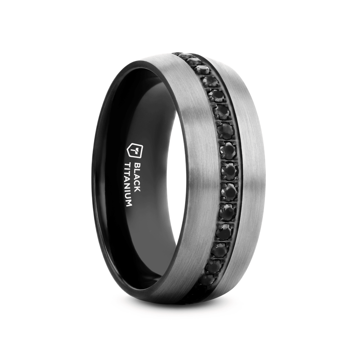 AVIATOR Domed Brushed Titanium Men's Wedding Band with Black Sapphire Stones Inlay - 8mm