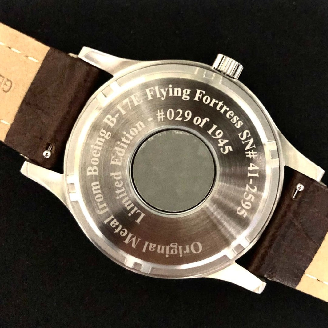 B-17 Tribute - Stainless Steel, Brush Finish, Black Dial, Black Leather Band with Stitching Bristol Watch