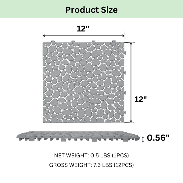 12 x 12 inch gray interlocking deck tiles, plastic waterproof pebble pattern, pack of 12 pieces